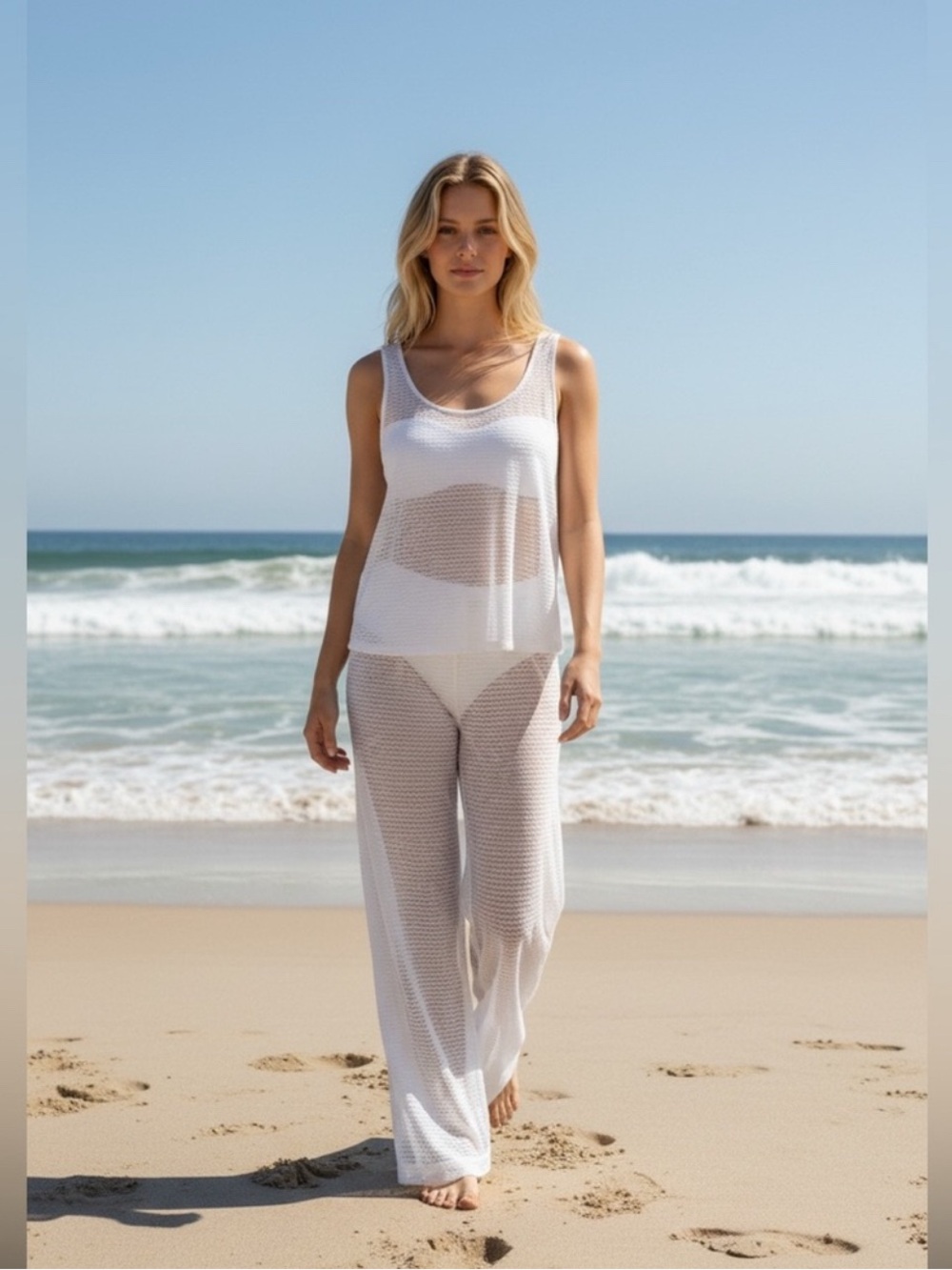 Hurley Women’s Mesh Tank & Wide-Leg Pant Cover Up Set in White size XL/XXL